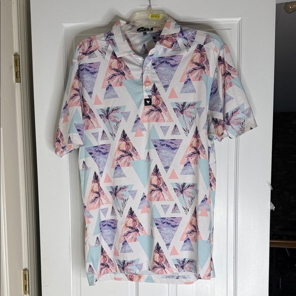 Bad Birdie Men's Polo with Pastel Triangles. Large. AOP